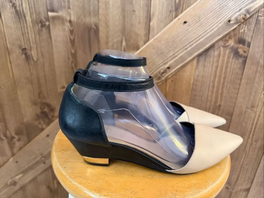 Tory Burch Size 8 Black & Tan Pointed Toe Ankle Strap Wedge Pumps
